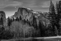 Half Dome moon with snowman BW